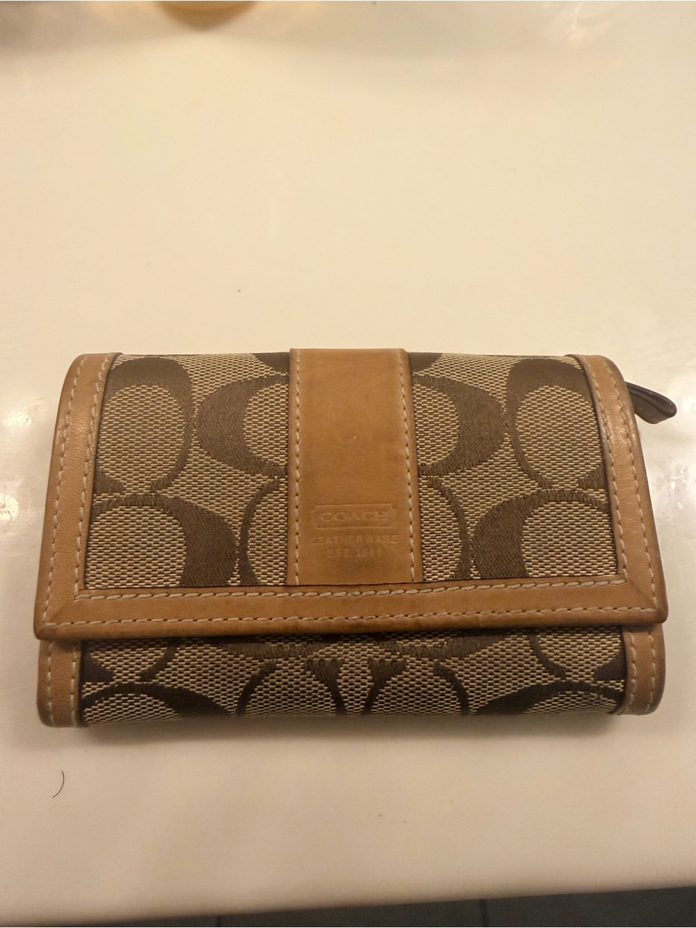 Coach Brown Signature Canvas Trifold Wallet with Tan Leather Trim